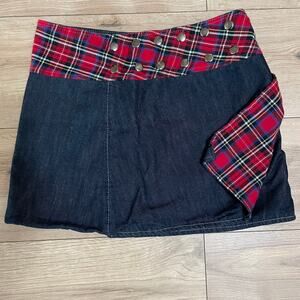 Denim Plaid Mini Wrap Skirt Small Upcycled Snaps